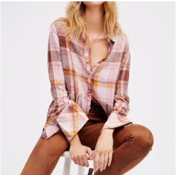 Free People Tops - Free People Women's Plaid Flannel Button Down Top Pockets SZ Small Oversized